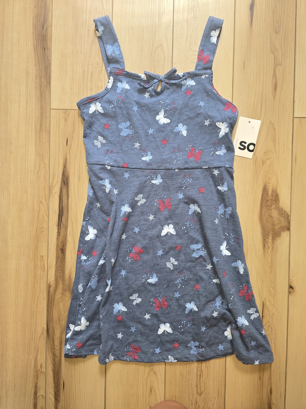 SO Gray Butterfly Print Sleeveless Casual Dress with Red and White Accents